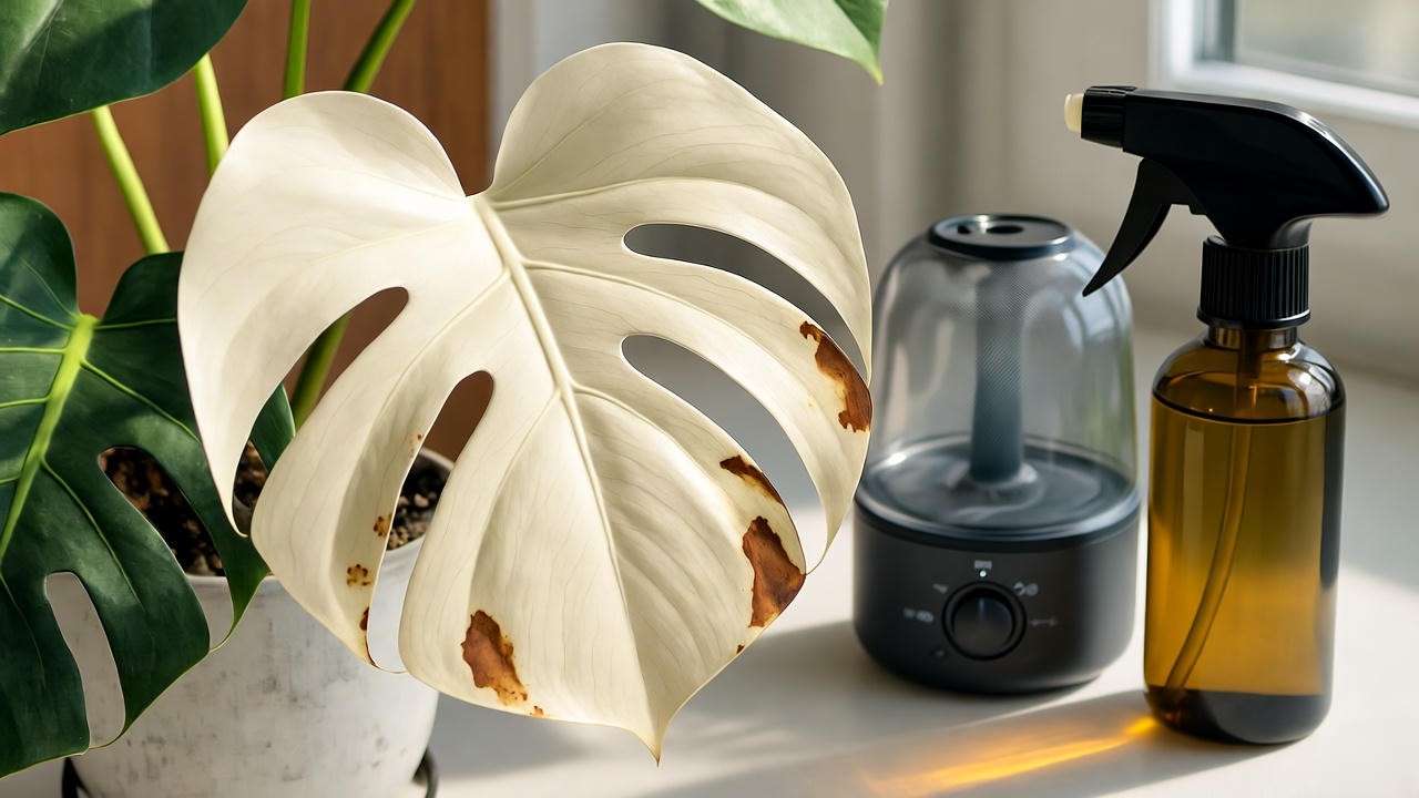 White monstera plant with brown tips near a humidifier and neem oil for pest control.