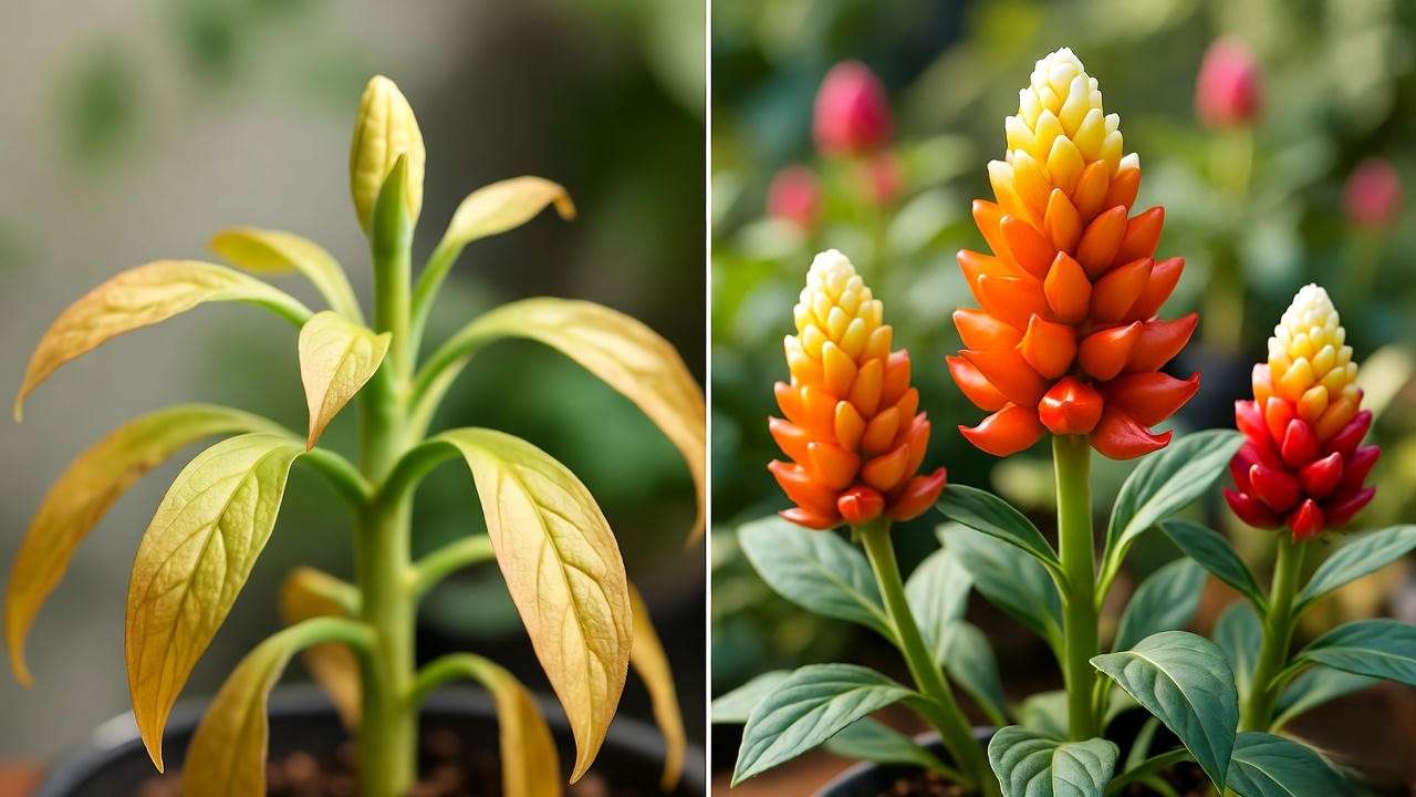 "Comparison of a candy corn plant with yellowing leaves and a healthy flowering plant."