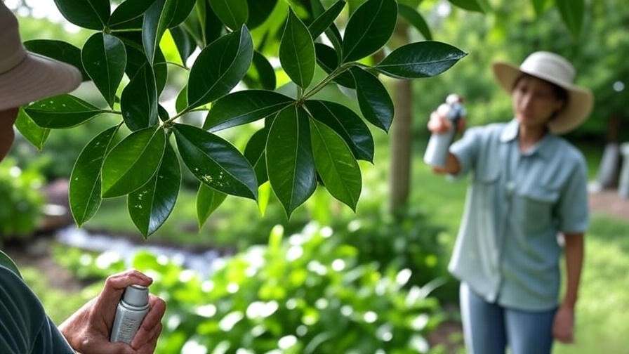 Gardener treating a verawood tree with neem oil for pest control in a lush garden".