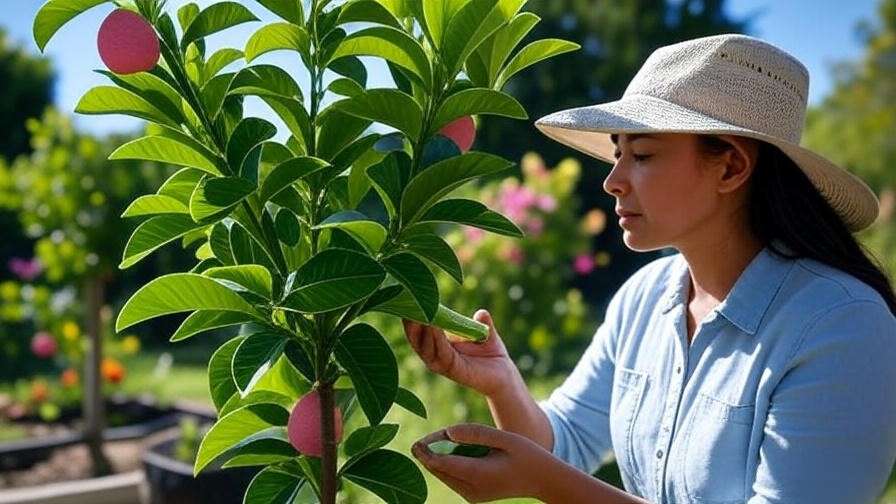 Gardener applying neem oil to pink lemon tree for aphid control in sunny garden."