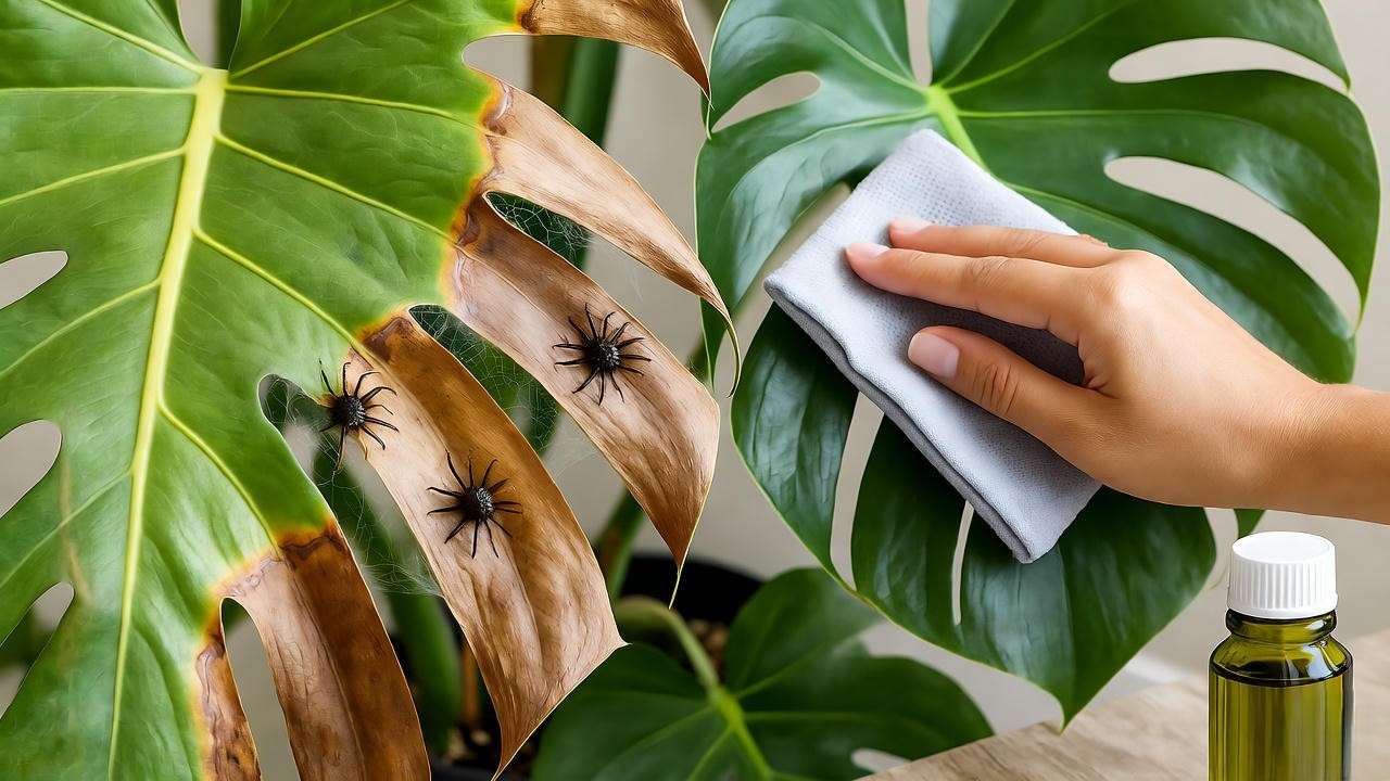 Close-up of big-leafed plant with brown tips and spider mites being treated with neem oil."