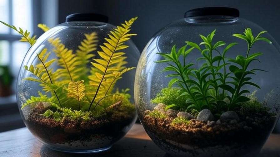 Terrarium with overwatered ferns and mold, contrasted with a healthy terrarium plant setup."