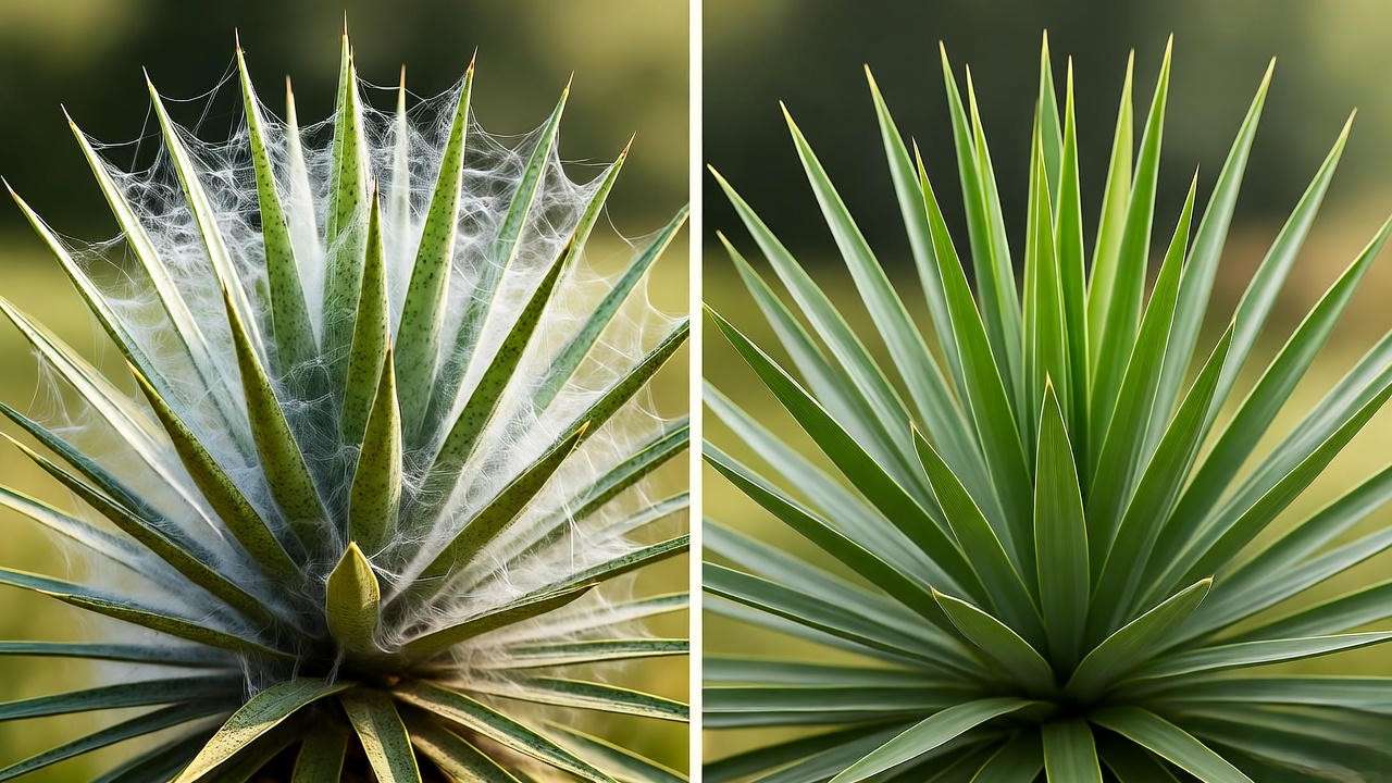 Yucca plant with spider mites and treated yucca with neem oil."