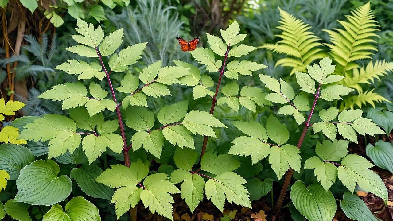 Garden border with Angelica Gigas, hostas, ferns, and a butterfly."