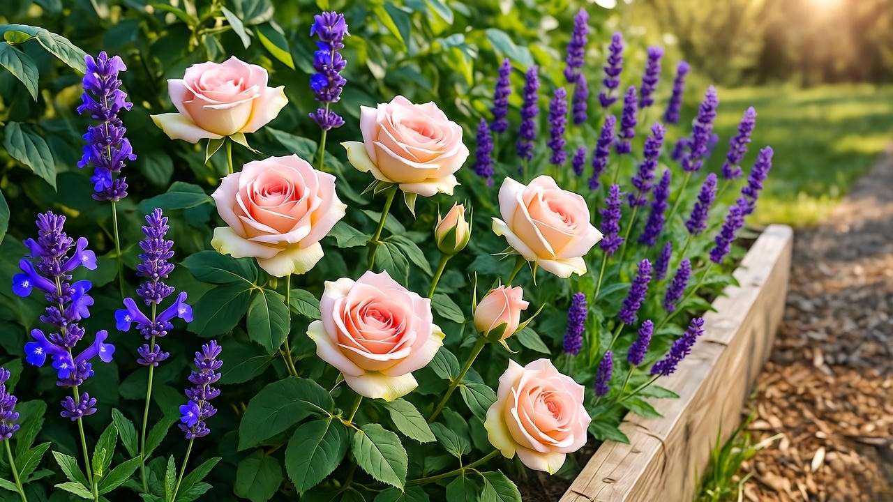 Garden bed with Earth Angel Roses and companion plants like lavender."