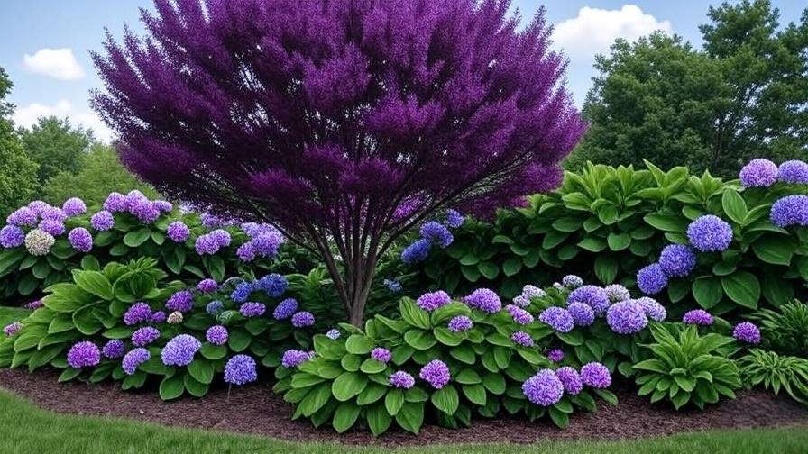 "Mature purple ash tree centerpiece in a garden with hydrangeas and hostas under a clear sky."