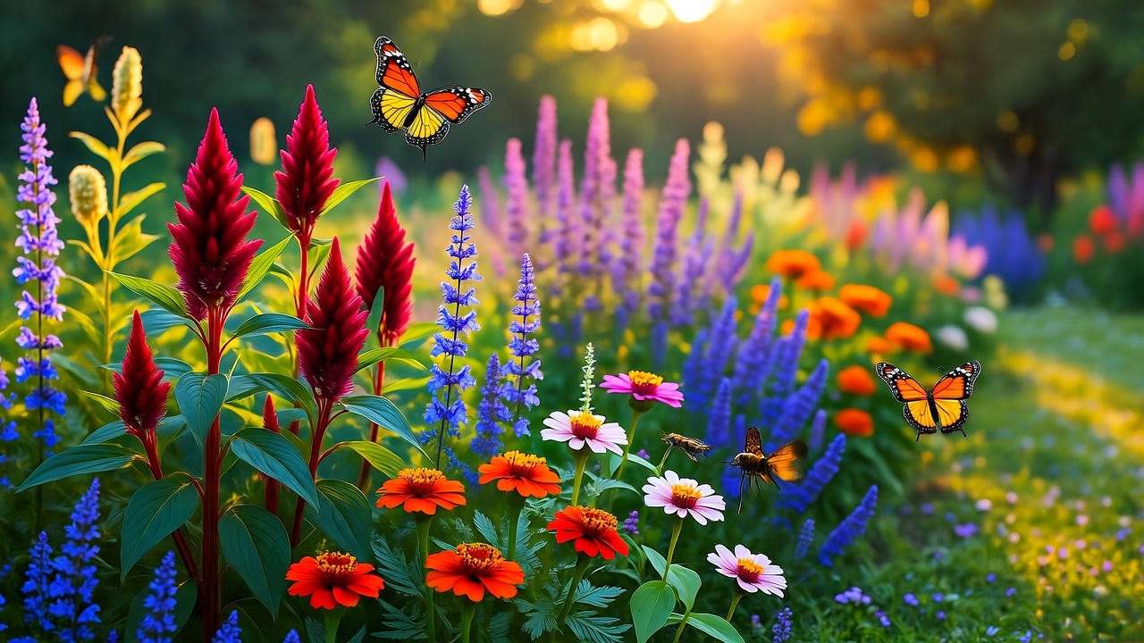 Companion planting with Celosia Dracula and marigolds, zinnias for vibrant blood-red bloom contrasts and natural pest control.