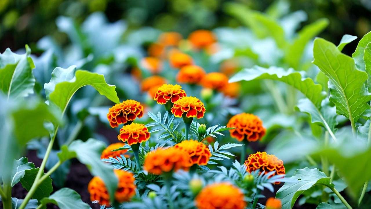 Marigolds planted with vegetables in a garden for pest control.