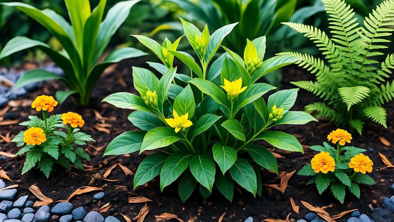 Mature ibogaine plant with yellow flowers and companion marigolds and ferns in a garden bed."