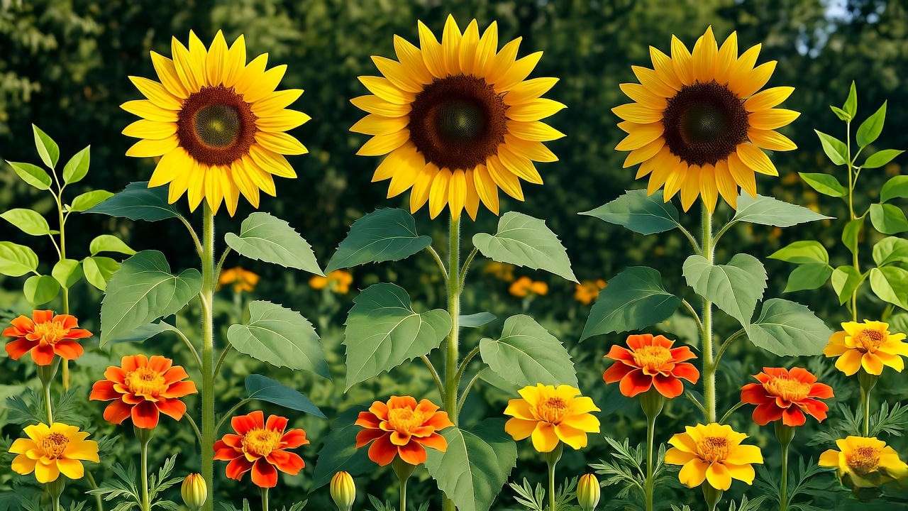 Black oil sunflowers with marigolds and beans in a biodiverse garden."