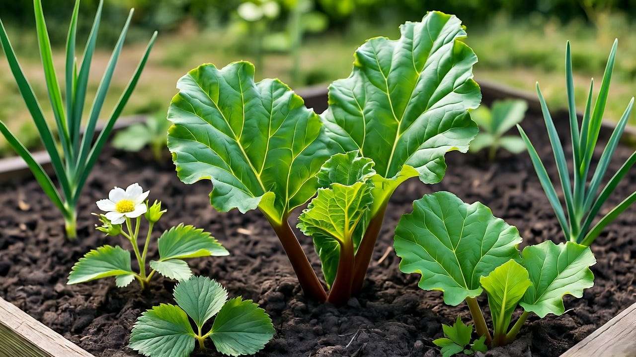 Garden bed with wild rhubarb and companion plants like strawberries and garlic."
