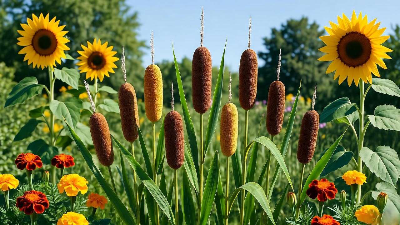 Broom corn plants growing with sunflowers and marigolds in a vibrant garden, showcasing companion planting.