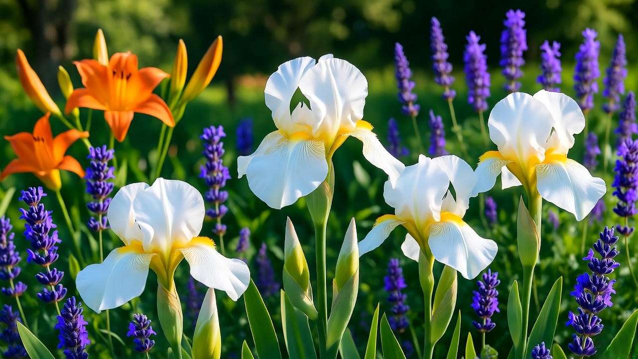 "Garden bed with white iris blooms, lavender, and daylilies in companion planting".