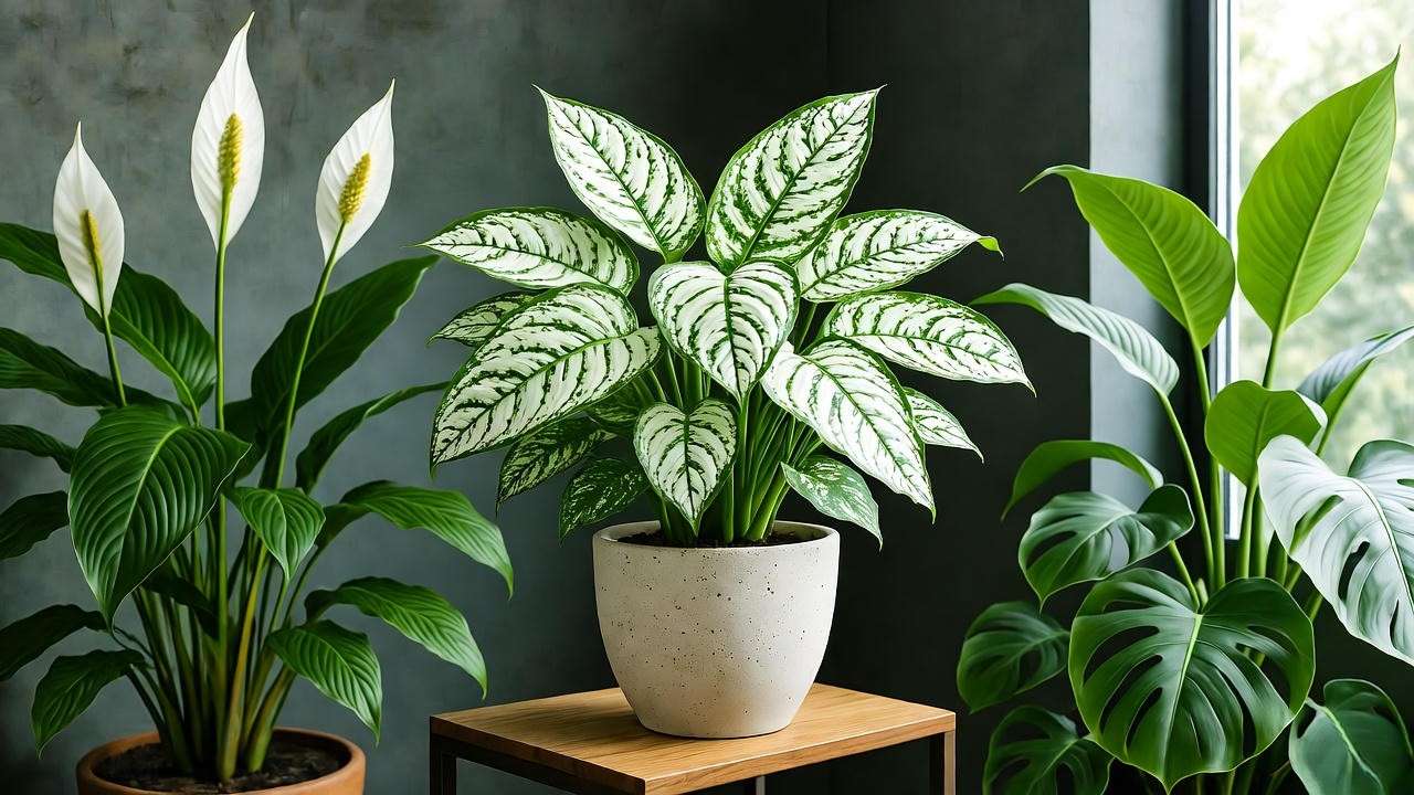 White princess plant in a ceramic pot with peace lilies and monstera in a tropical indoor setting.