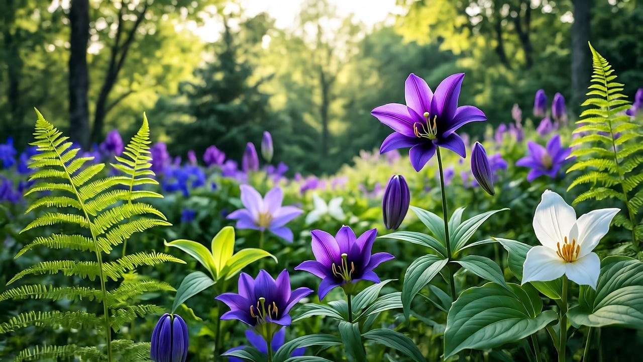 Shade garden with chocolate lilies blooming alongside ferns and trilliums".