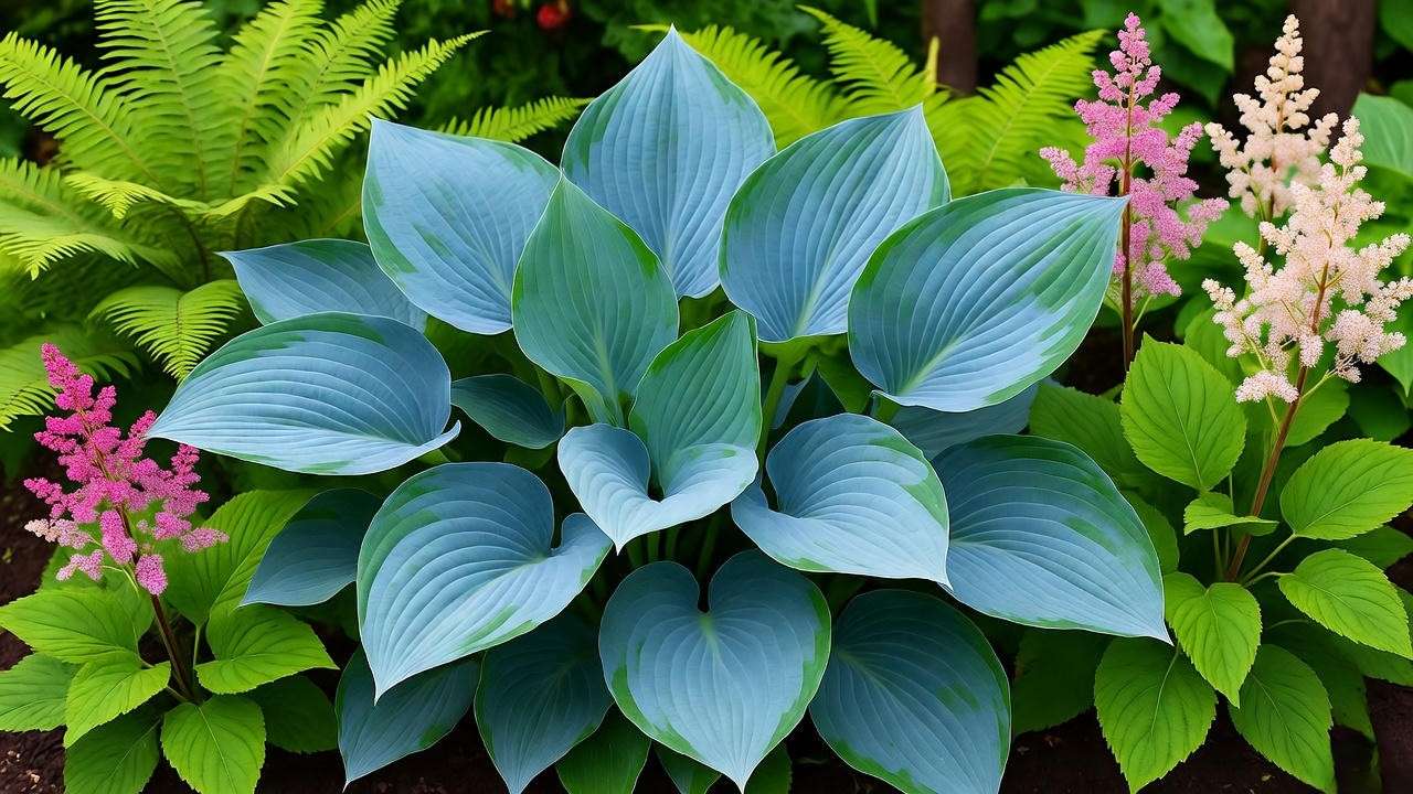 Big Daddy hosta with ferns and astilbe in shaded garden desig