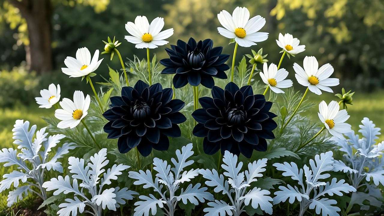 Garden bed with black dahlias, cosmos, and dusty miller in gothic design".