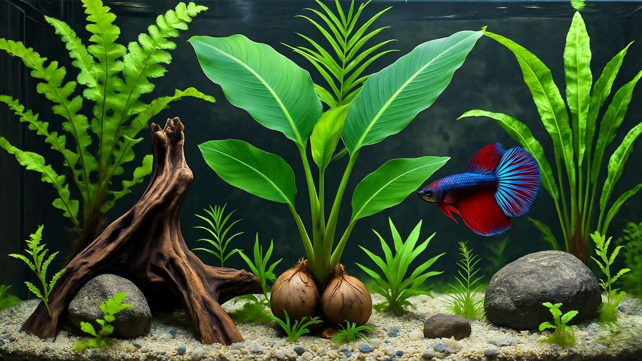 Aquarium with banana plants, betta fish, and Java fern aquascape".