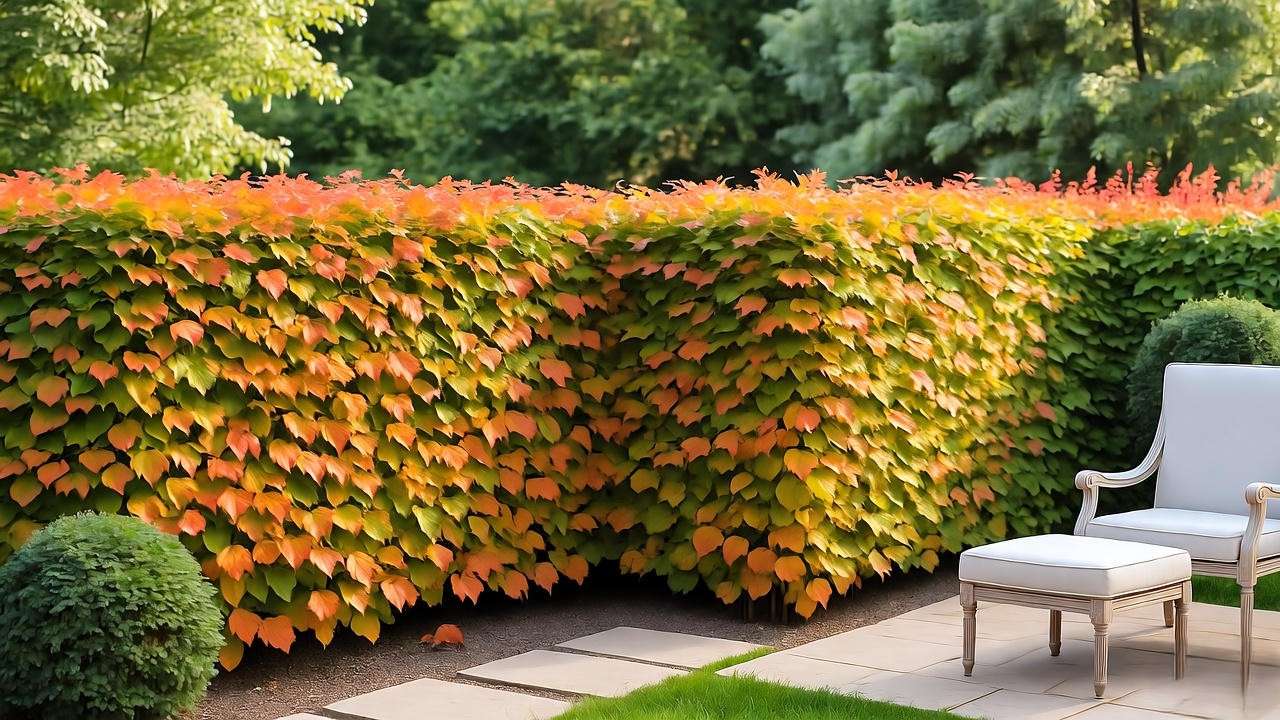 Cozy backyard corner with hornbeam hedge in fall colors and garden furniture".