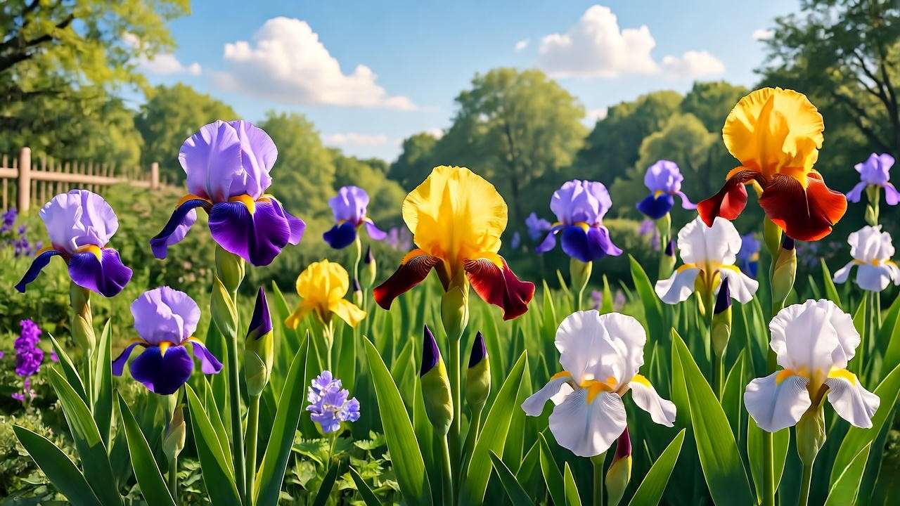 Stunning garden with blooming irises in various colors, framed by green foliage and a wooden fence under a bright sky.