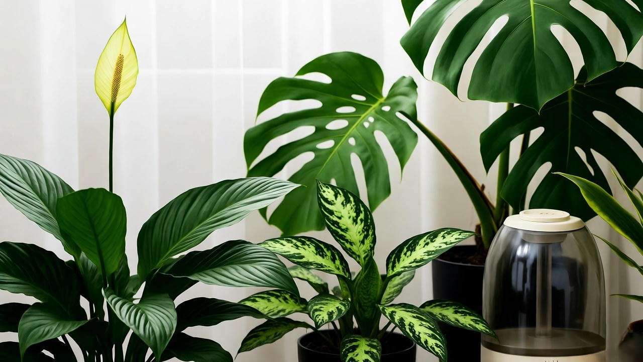 Cozy indoor space with variegated plants and humidifier for a tropical vibe".