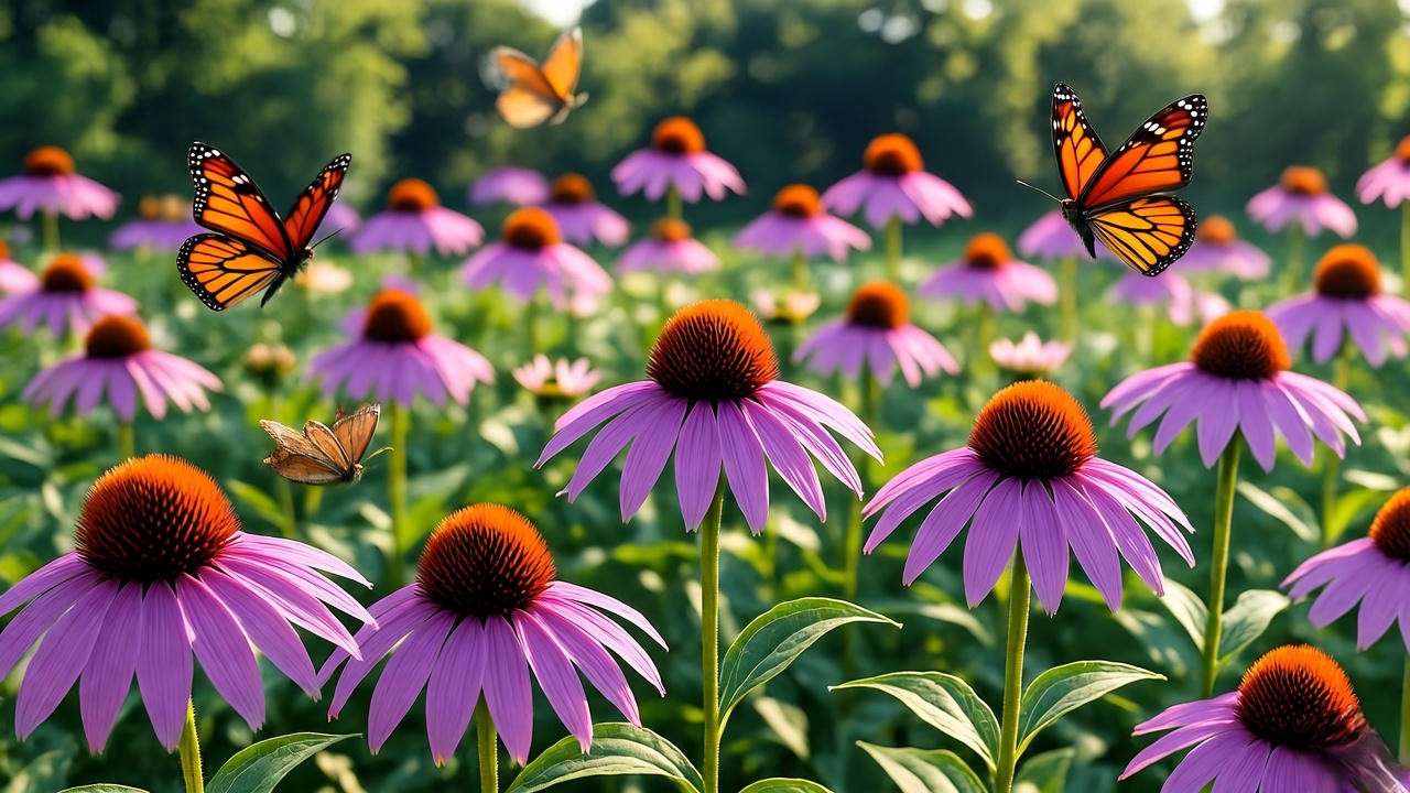 Coneflower plants with purple daisy-like flowers and butterflies".