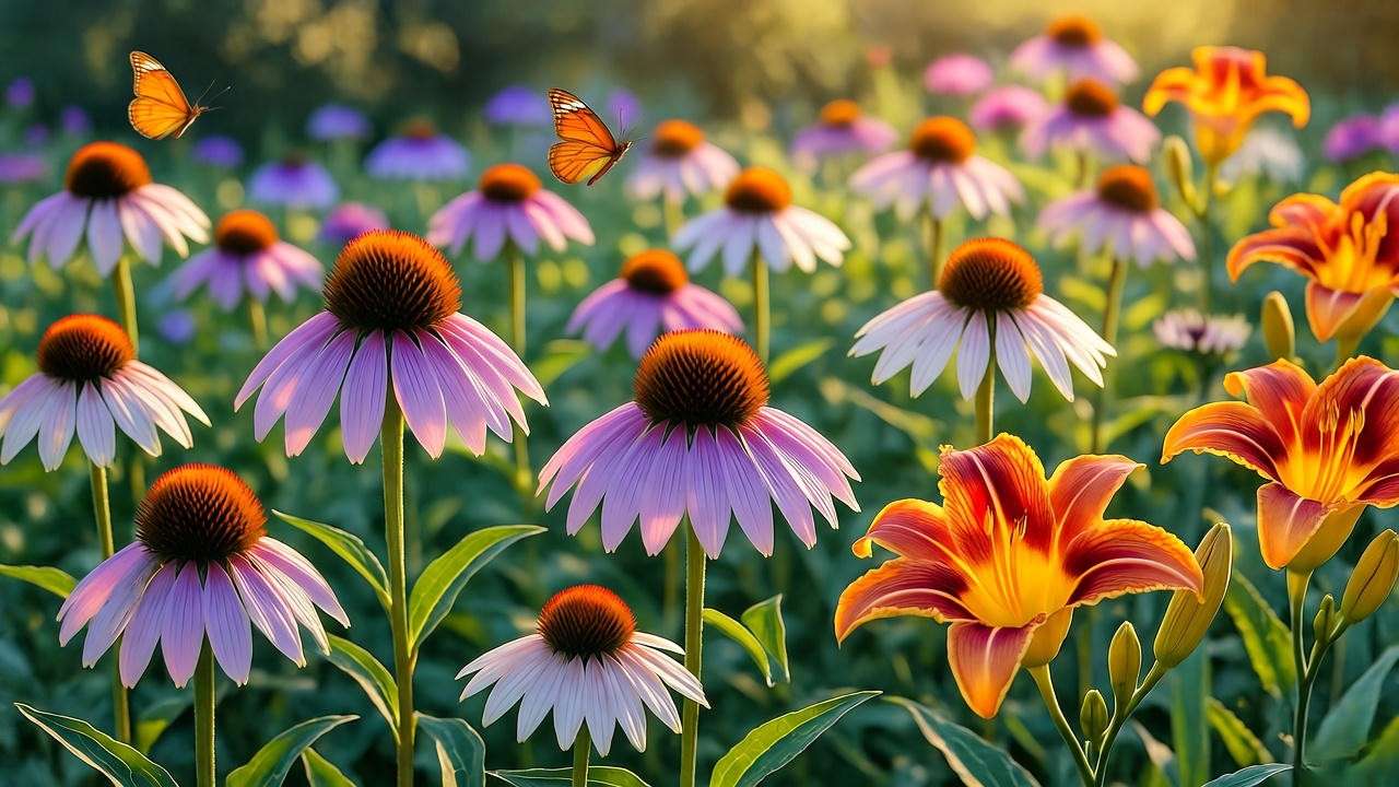 Mixed border of coneflowers and daylilies with butterflies in full sunshine."