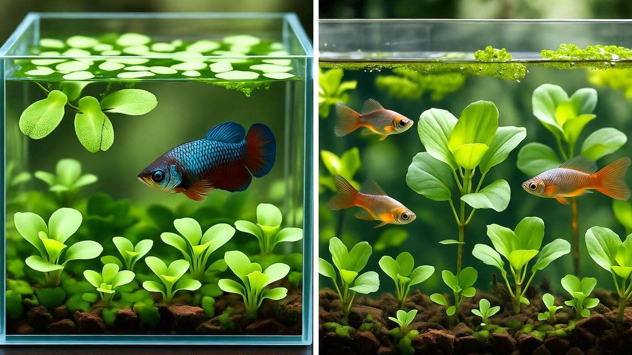 Split-view aquarium with floating aquarium plants like Duckweed in a nano tank and Water Hyacinth in a large tank.