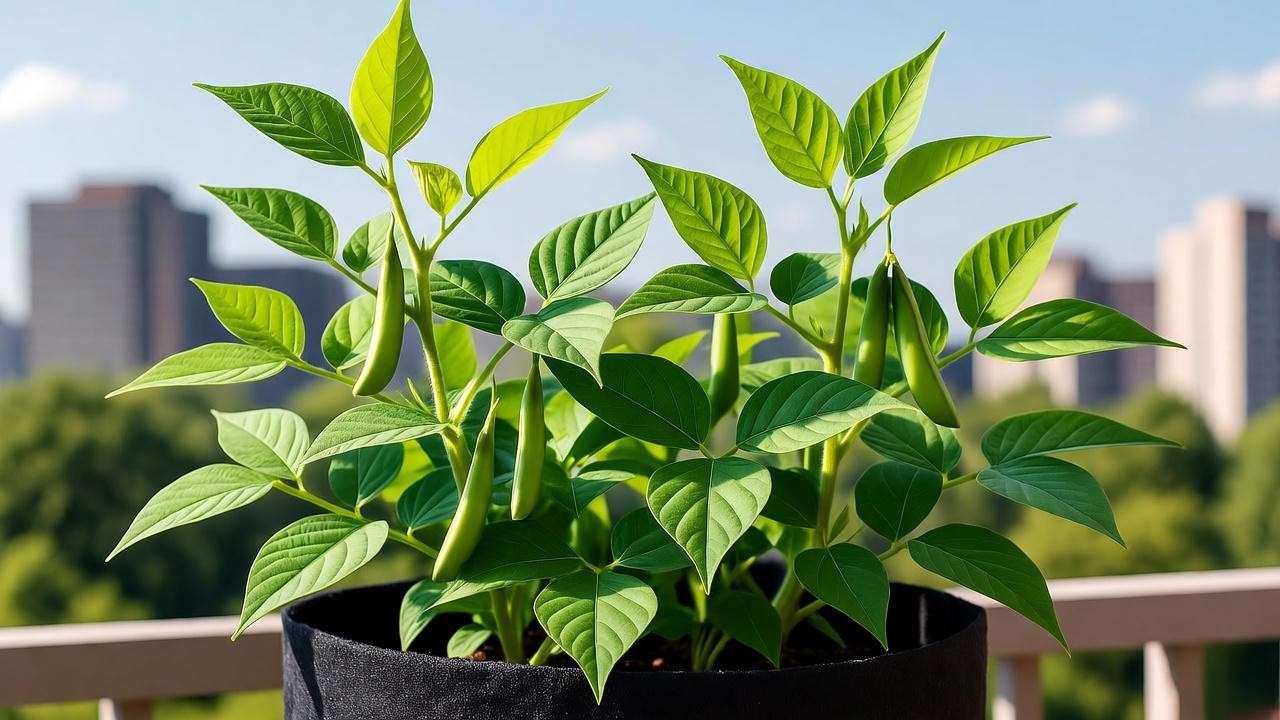 Dwarf bush beans growing in container on balcony with self-watering system