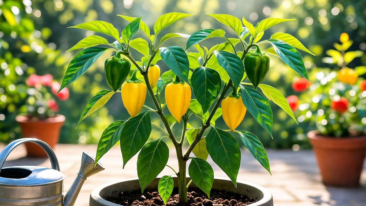 "Hot banana pepper plant growing in a container on a sunny patio with watering can."