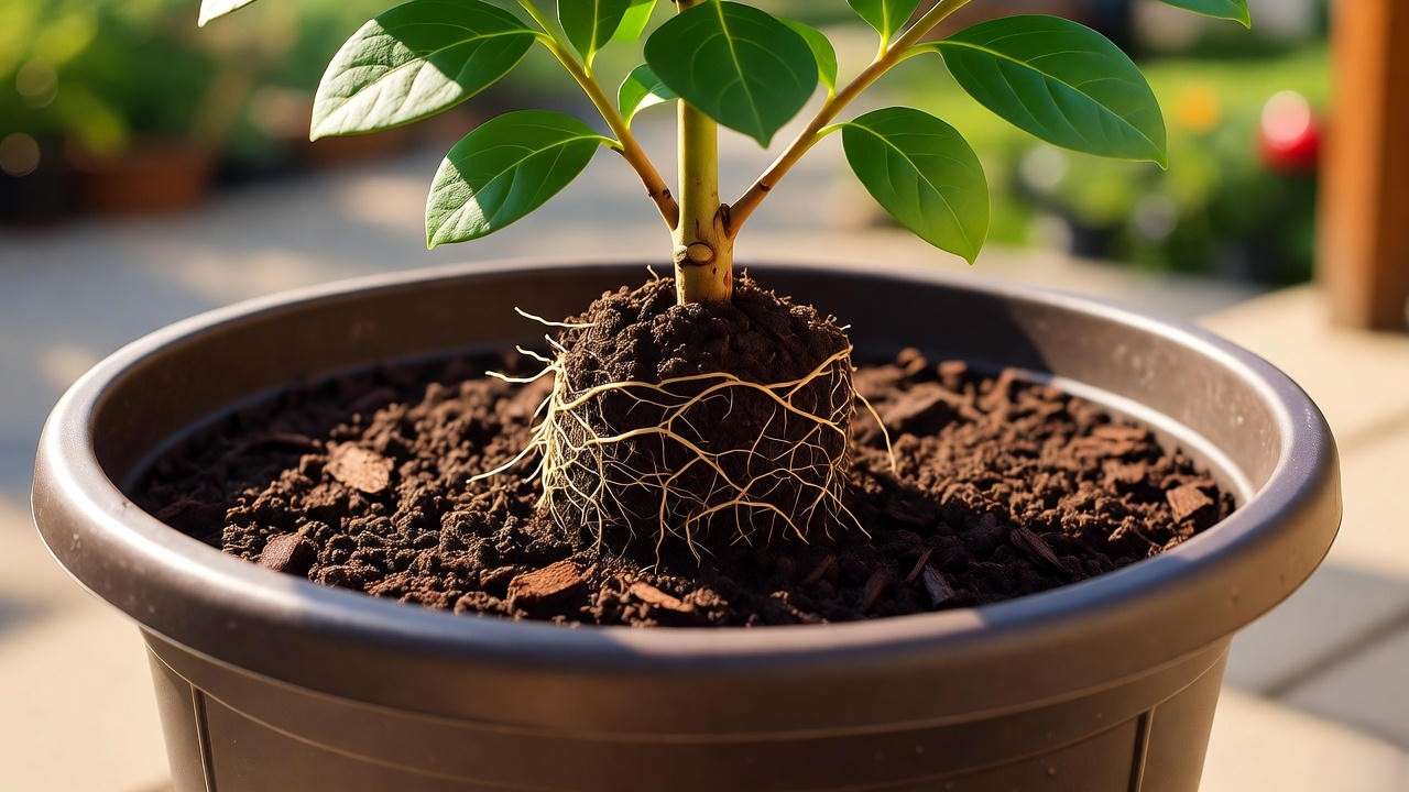 Planting a Blueberry Sunshine Blue in a container with acidic soil mix on a sunny patio."