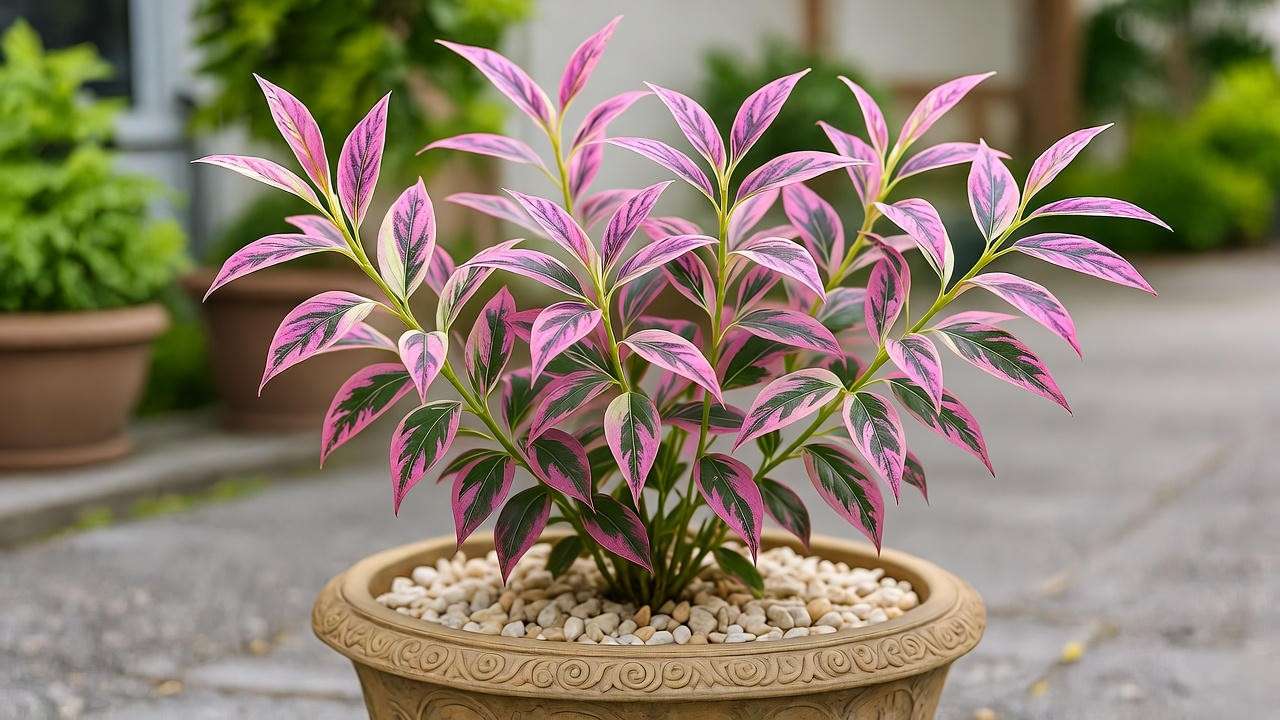 Dappled willow plant in a decorative pot with pebbles on a patio in an urban garden."