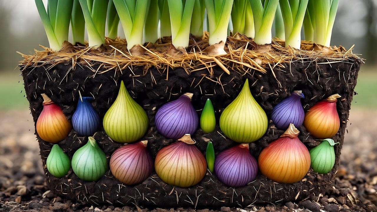 Layered container garden with narcissus bulbs and mulch for spring blooms."