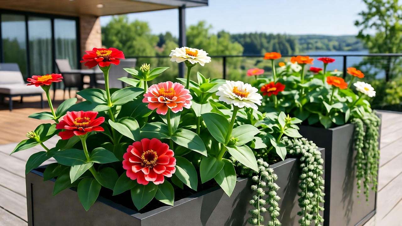 Colorful Profusion Zinnia plants in a patio container garden with trailing plants".