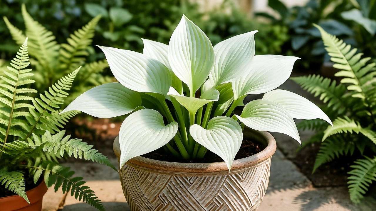 White hosta in a decorative container with ferns on a patio"
