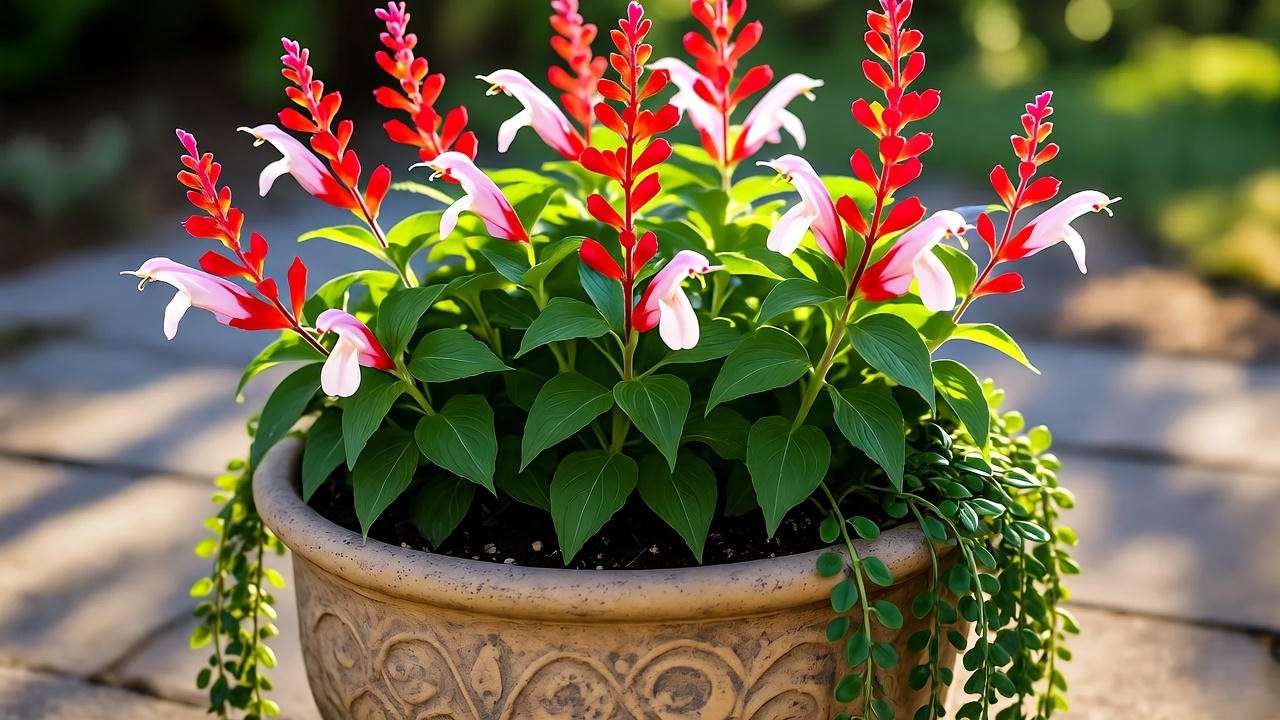 Hot Lips plant in a container with trailing plants on a patio."