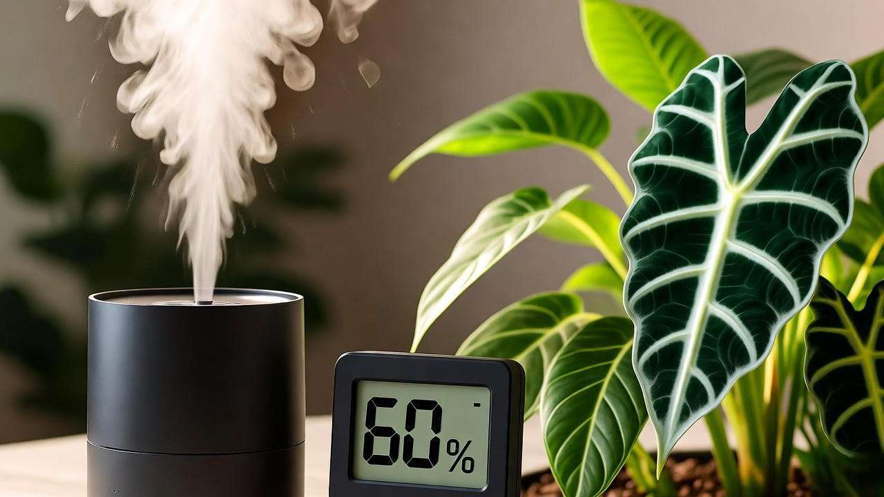 Humidifier misting variegated alocasia frydek plants with a hygrometer showing 60% humidity".
