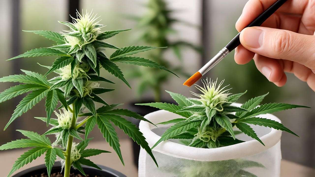 Controlled pollination setup with male cannabis plant and paintbrush in grow room"