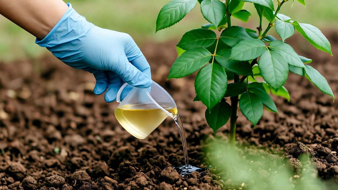 Hand applying a systemic soil drench around the base of a rose bush"