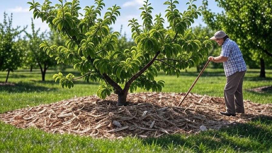 Gardener fertilizing cherry tree with compost and mulch in a sunny orchard".
