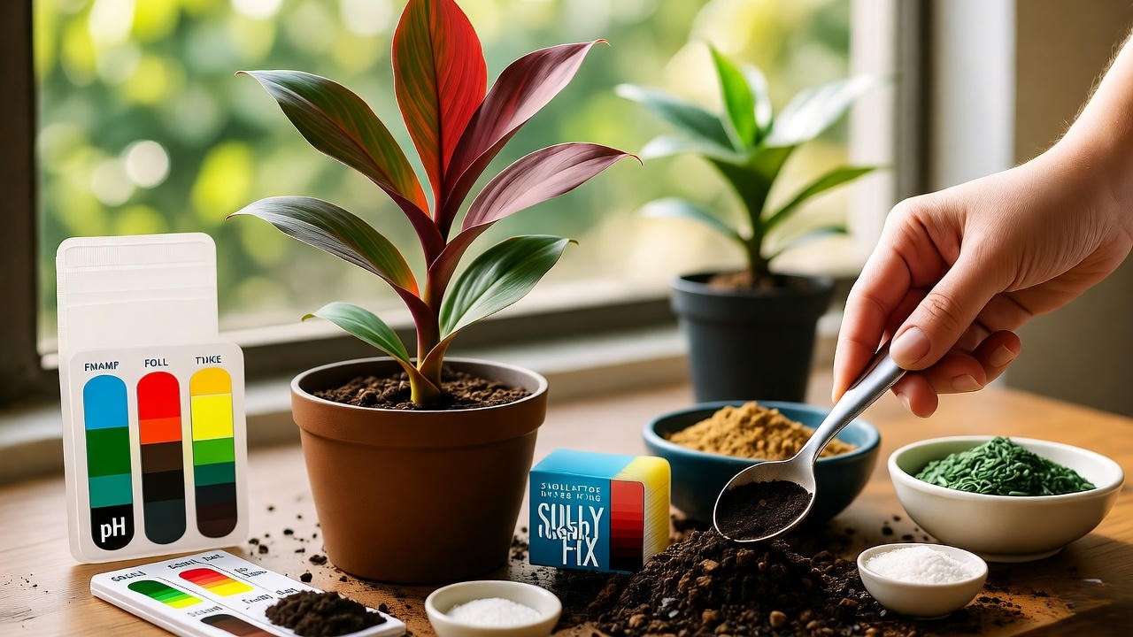 Applying nutrient rescue blend to fix ginger plant red leaves from deficiency.