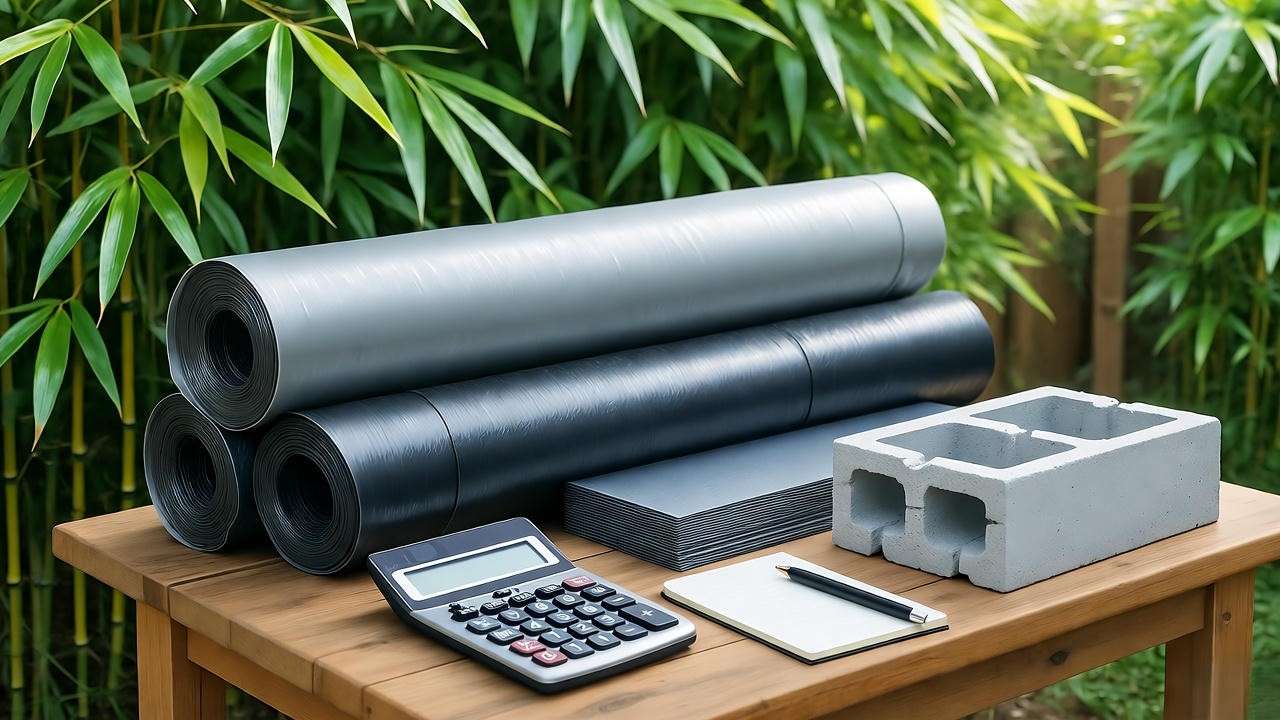 Display of bamboo barrier materials with calculator and notepad in a garden."