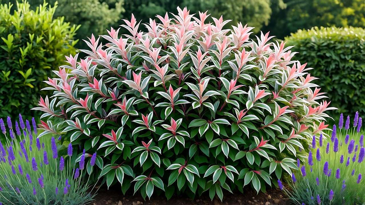 Dappled willow hedge with vibrant foliage and lavender plants in a lush garden setting."