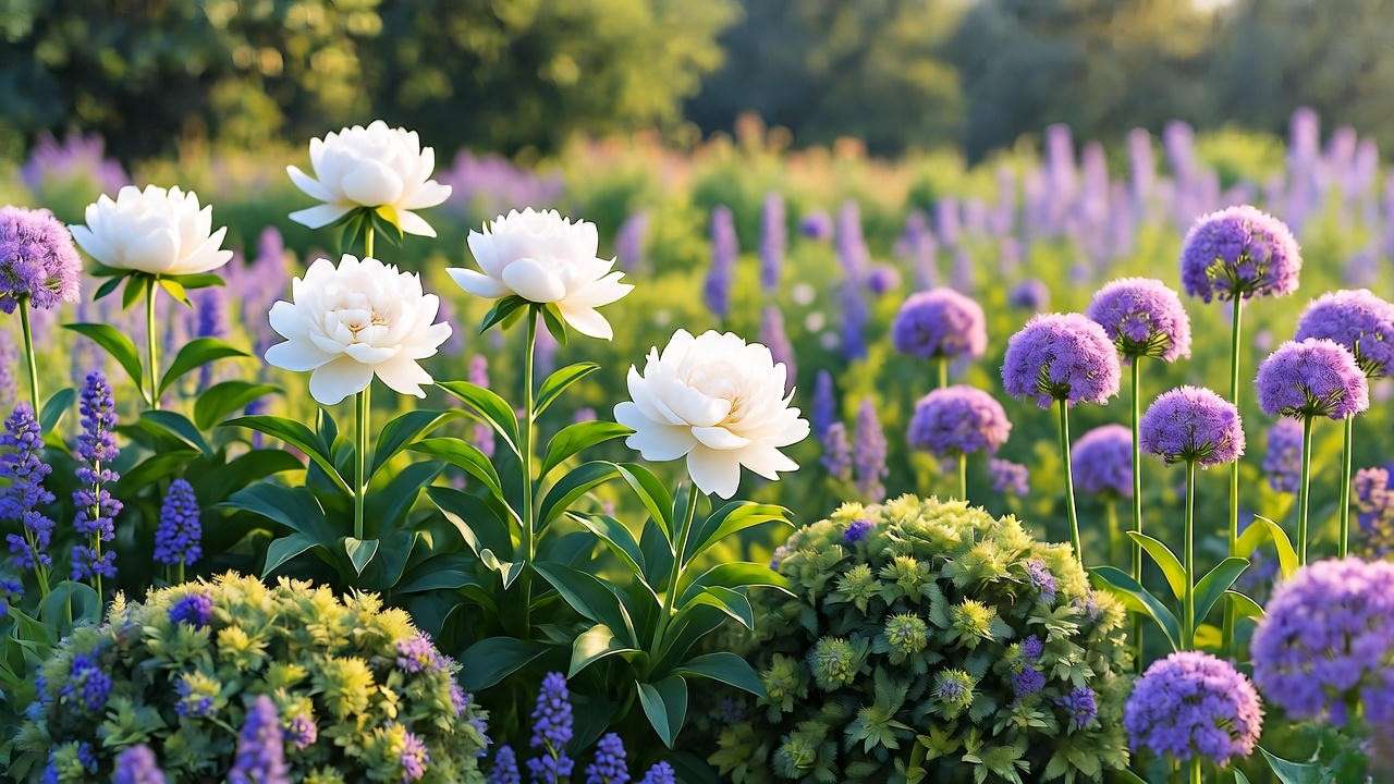 Garden border with white peonies, purple alliums, and green shrubs"