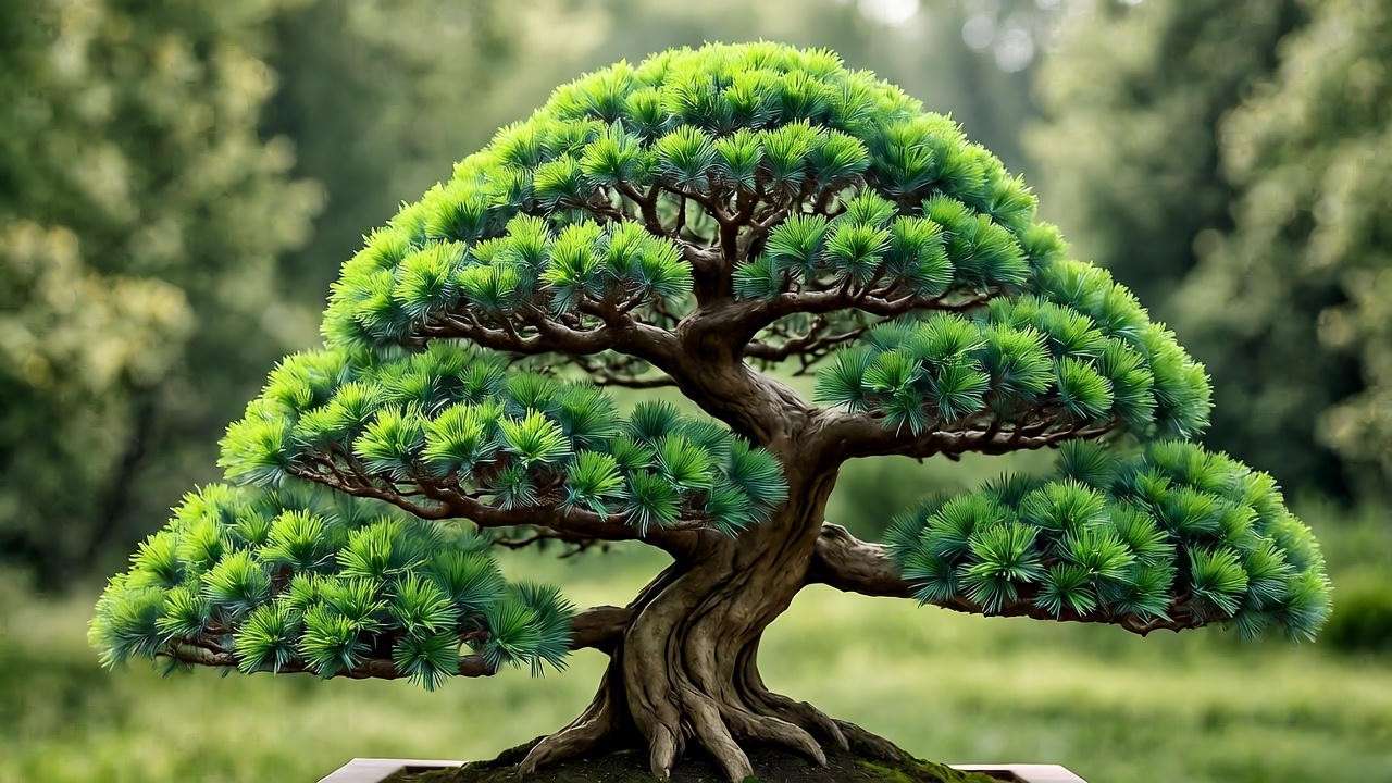 Healthy Maki Podocarpus bonsai with shaped branches on a wooden stand in a garden."