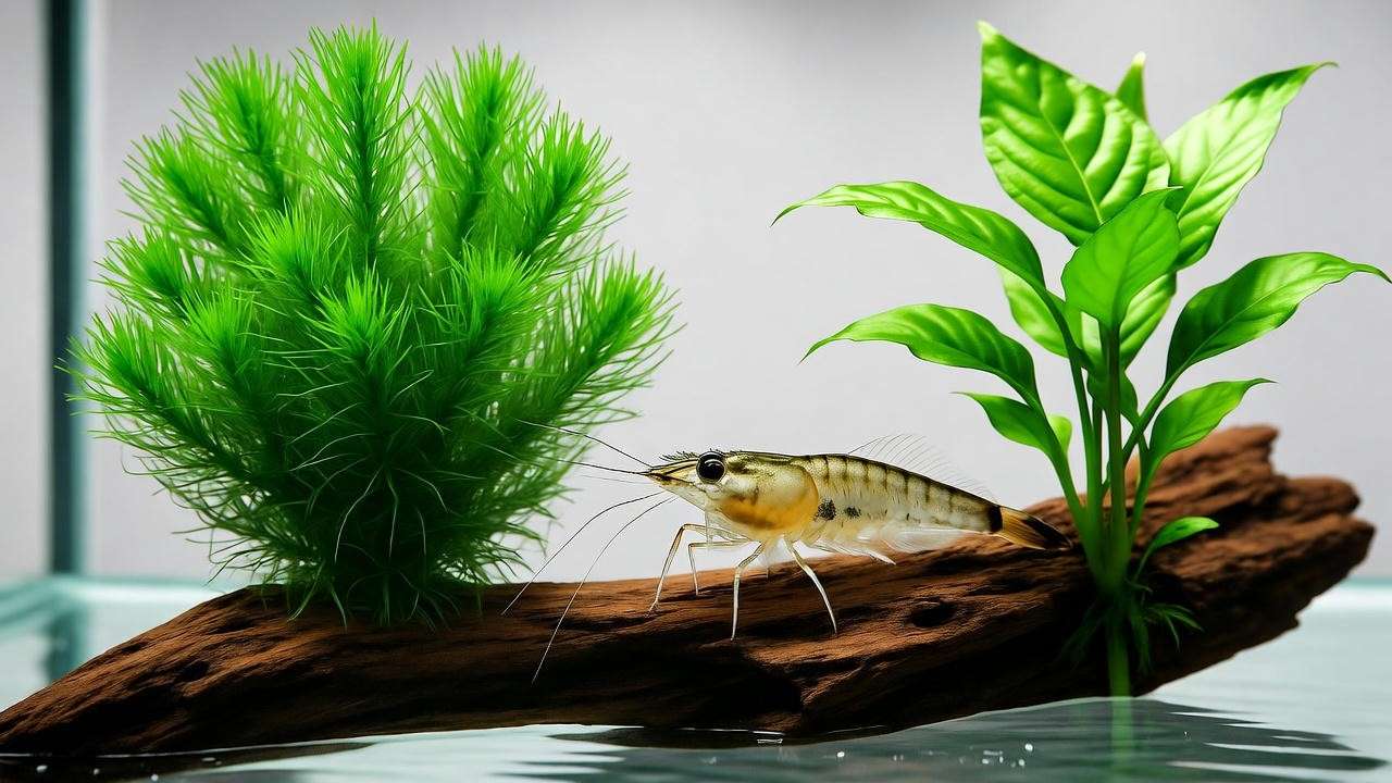 Low-maintenance aquarium with Java Moss, Anubias, and grazing shrimp."