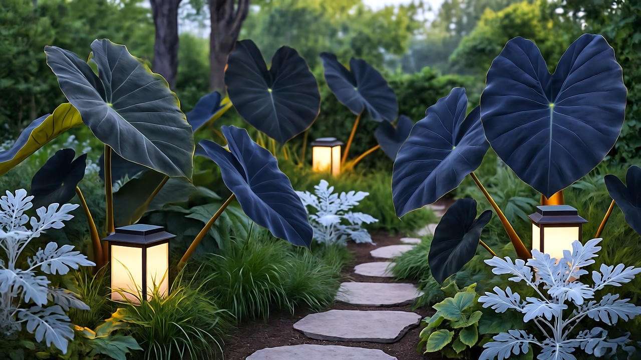 Gothic garden at dusk with Black Coral Taro and solar lanterns."