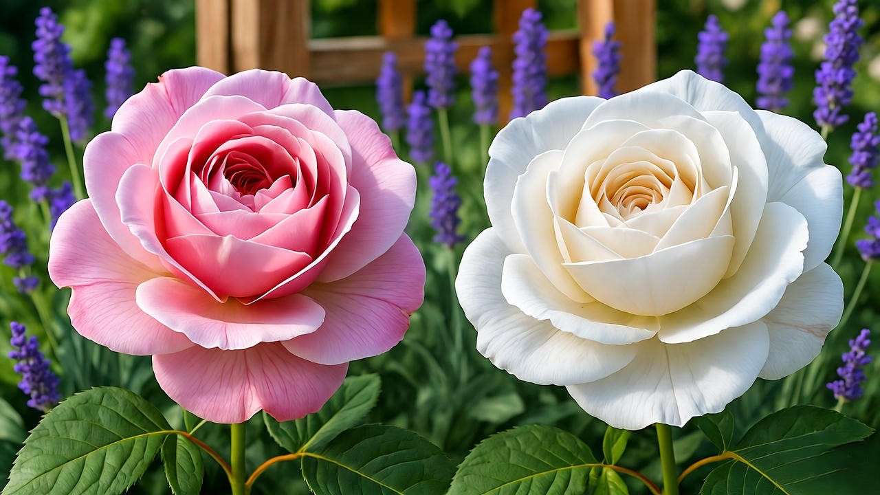 Damask rose garden with Ispahan and Madame Hardy blooms and lavender companion plants."