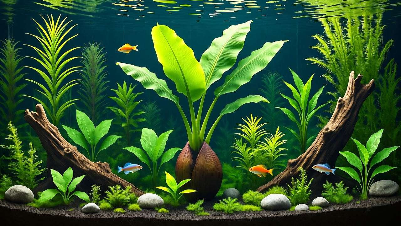 Banana plant centerpiece in a tropical aquarium with LED lighting".