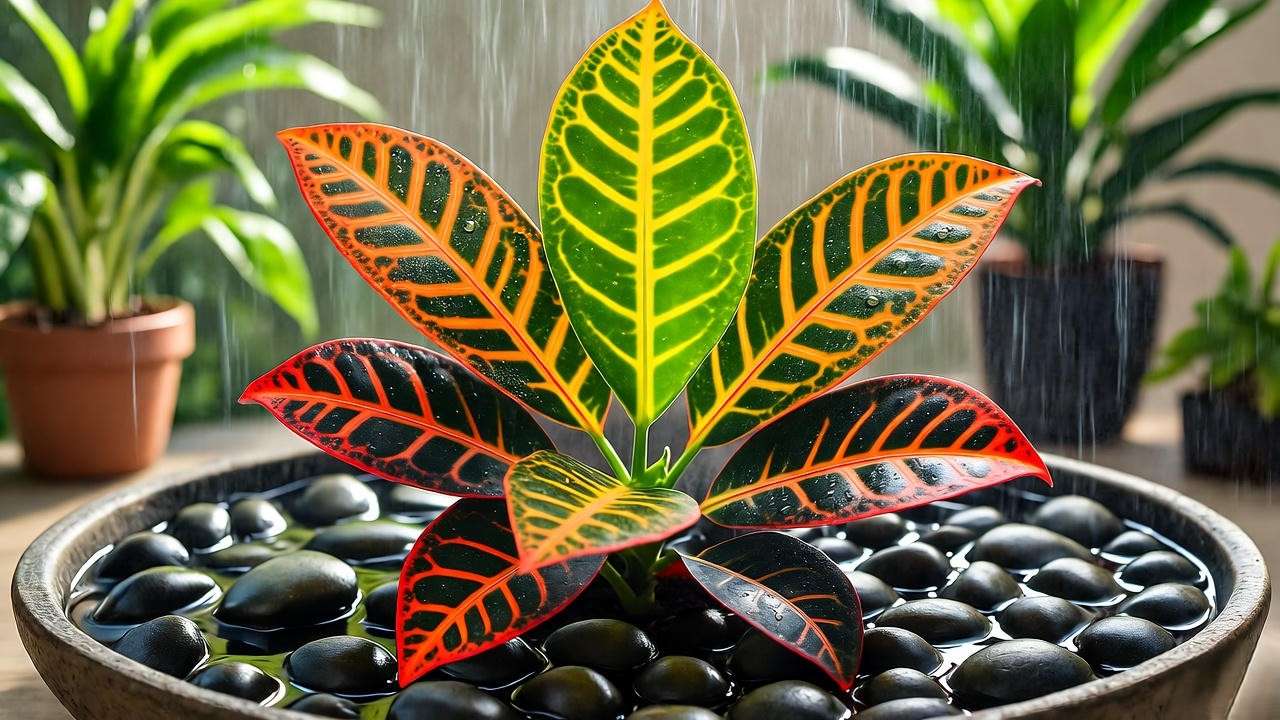 Croton Petra plant on a pebble tray with water, demonstrating humidity care for tropical houseplants.